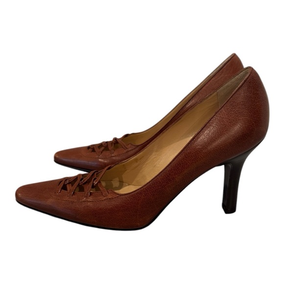 Vintage Antonio Barbato Brown Italian Leather Pointed-Toe Kitten Heels - Picture 1 of 8
